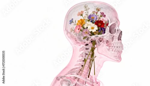 Vibrant Thoughts Wildflowers Blossoming Inside Translucent Pink Human Skull, Conceptual Growth