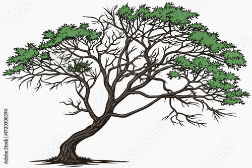 Scalable vector illustration of a thorny mesquite tree with lush green foliage