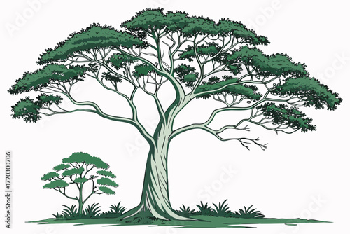 Majestic rainforest kapok tree illustration tall trunk broad canopy scalable vector art