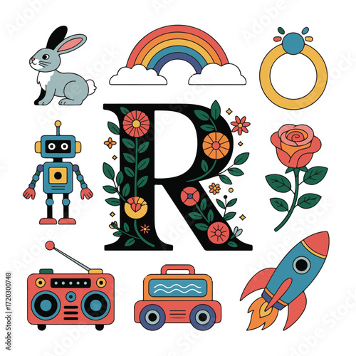 Whimsical alphabet letter r decorated with flowers and leaves surrounded by fun childhood objects and symbols