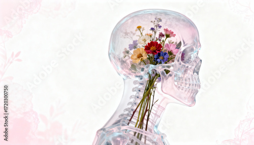 Inner Bloom Ethereal anatomical head filled with colorful wildflowers, symbolizing creativity and mental growth.