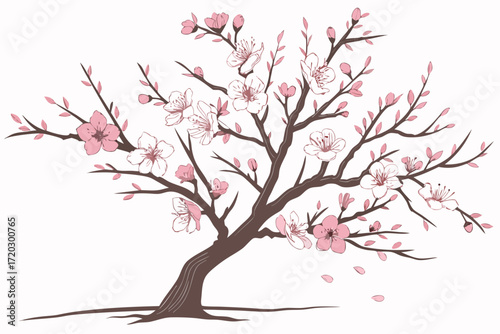 Beautiful realistic peach tree with delicate pink blossoms springtime vector illustration