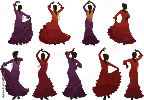 Flamenco dancer silhouettes, red and purple dresses, expressive poses, spanish tradition, cultural rhythm, dramatic movement, music and motion, stage art