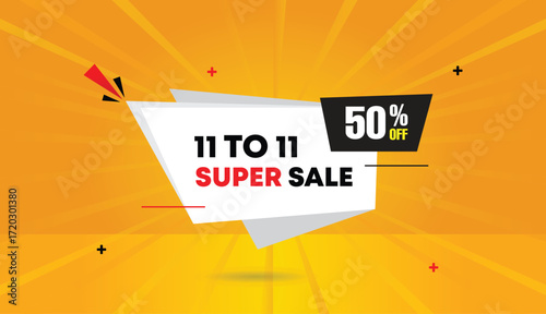 11 to 11 super sale fifty percent off editable web banner vector art illustration icon badge template design black white shapes orange yellow sun shine abstract background four k high quality
