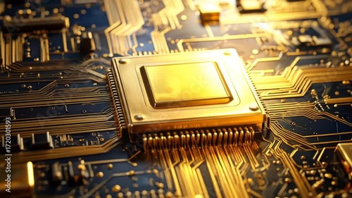Detailed golden motherboard background featuring intricate electrical circuit patterns for