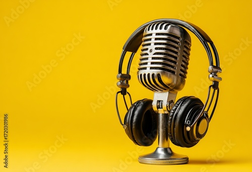 photo of a microphone and headphones on an isolated yellow background, representing podcasting or streaming content creation