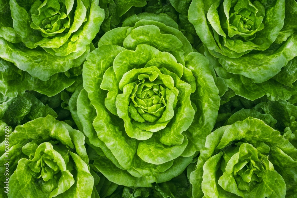 Fototapeta premium Vibrant green lettuce heads form a lush pattern, symbolizing freshness, healthy eating, organic farming, and natural growth