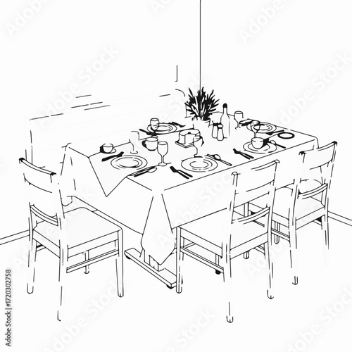 Elegant dining table set for a formal meal, ready for guests with full place settings and centerpiece.