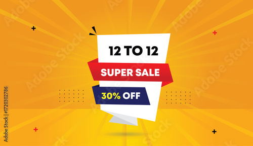 12 to 12 super sale 30 percent off editable web banner vector art illustration template icon badge design abstract shapes white red dark blue orange yellow business sun shine background