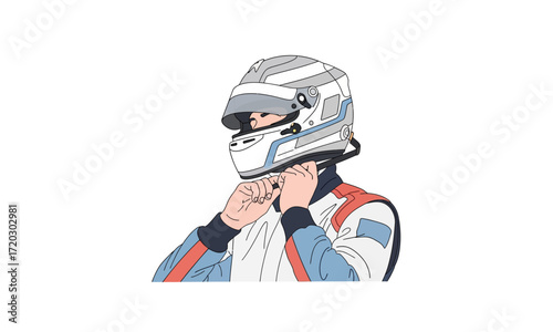 Cartoon Racing Driver Adjusting Helmet, Stylish Anime Style.