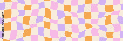 Abstract Y2K-style seamless pink, orange and purple background. A retro checkerboard pattern with a groovy vibe, perfect for graphic design projects and textures.