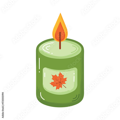 Green candle with watercolour texture on transparent background. Paraffin wax or beeswax candle. Cute  element.Clip art.Cute doodle icon. Design  for autumn and winter decorations.Vector illustration.