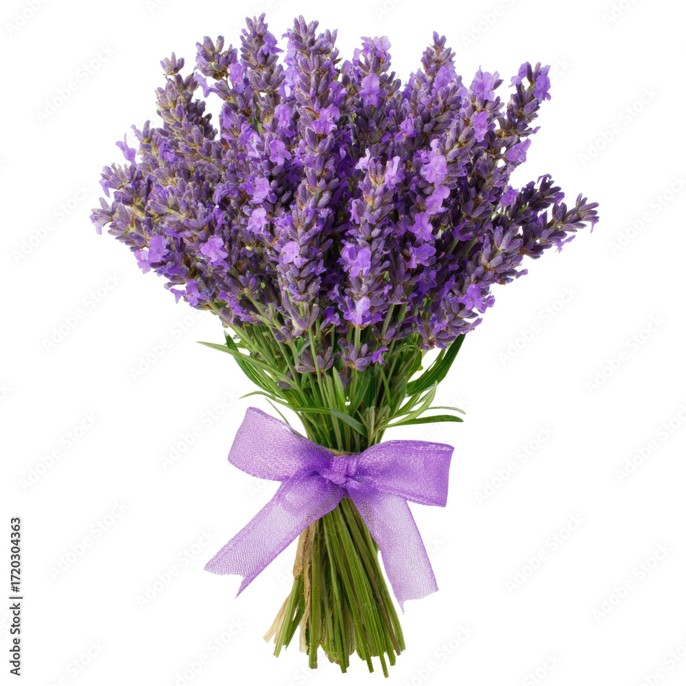 Fototapeta premium A bouquet of fresh lavender flowers tied with a purple ribbon, isolated on a transparent background. background removed