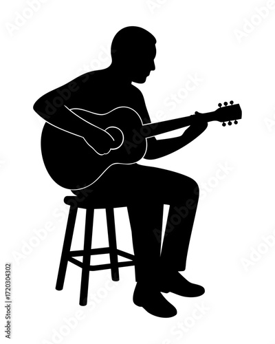 Guitar Silhouette Serenade: Silhouette of musician immersed in music, sitting on stool, fingers gracefully dancing across the strings, capturing the essence of acoustic performance.