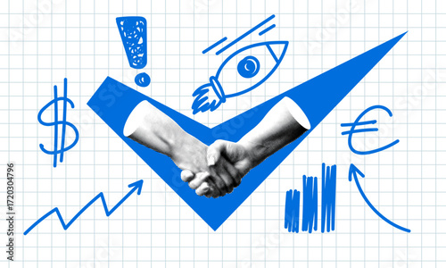 Startup, teamwork concept. Handshake of halftone hands against a check mark. Successful agreement. Deal concluded. New business. Modern collage. Rocket, sales chart, dollar and euro icons. Partnership