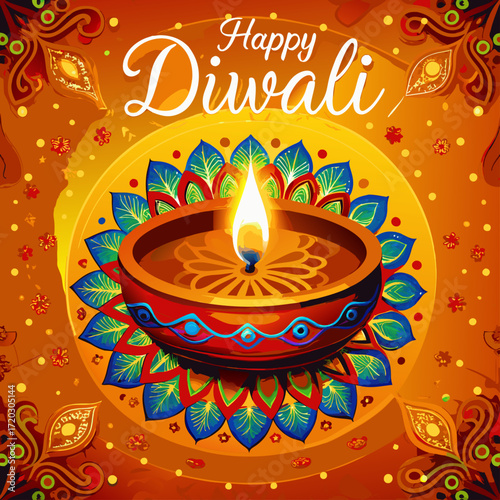 Vibrant Diwali Celebration A Mandala of Lit Diyas Illuminating a Festive Orange Backdrop