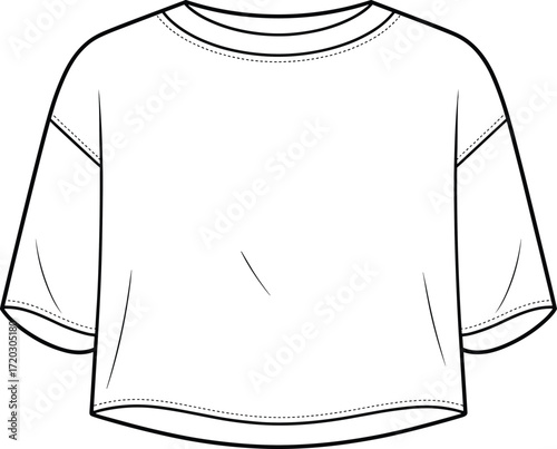 Trendy women’s loose fit crop t-shirt flat sketch, casual short sleeve fashion top, modern apparel illustration, stylish clothing design for summer