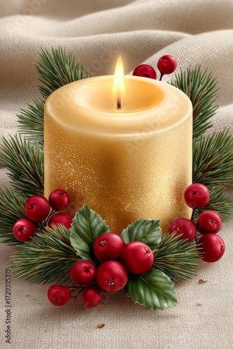 Golden candle surrounded by festive greenery and red berries on a soft background