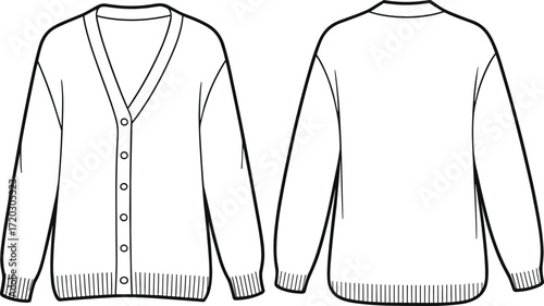 Women’s cardigan sweater flat sketch with buttons, long sleeve knitwear apparel illustration, casual winter fashion clothing design, stylish outerwear garment drawing