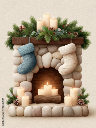 Cozy decorative fireplace with stockings and candles for a festive atmosphere