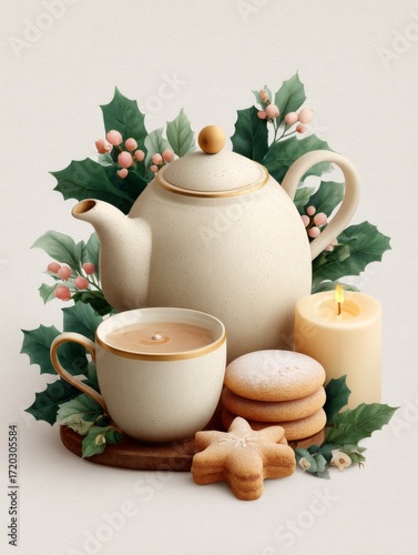 Cozy tea setup with cookies and festive decorations on a winter afternoon