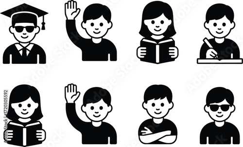 Diverse Students Minimalist Icon Set for Education and Learning