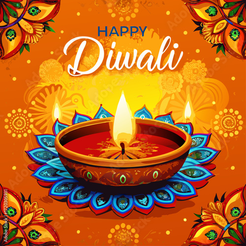 Vibrant Diwali Celebration A Mandala of Lit Diyas Illuminating a Festive Orange Backdrop