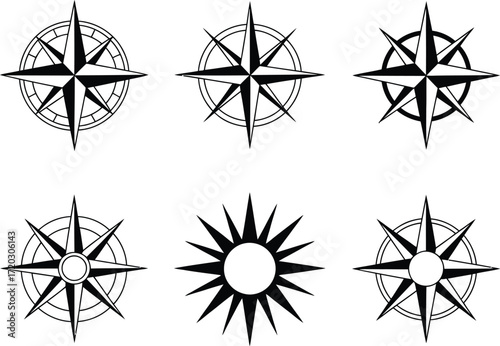 Collection of Six Stylized Black and White Compass Rose Designs
