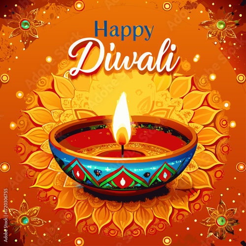 Vibrant Diwali Celebration A Mandala of Lit Diyas Illuminating a Festive Orange Backdrop