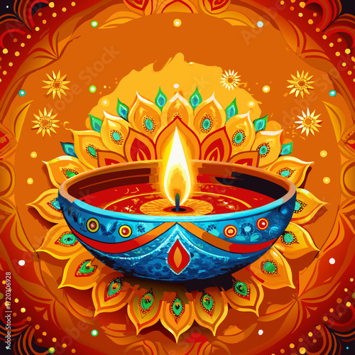 Vibrant Diwali Celebration A Mandala of Lit Diyas Illuminating a Festive Orange Backdrop