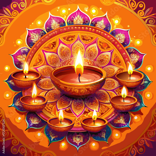 Vibrant Diwali Celebration A Mandala of Lit Diyas Illuminating a Festive Orange Backdrop