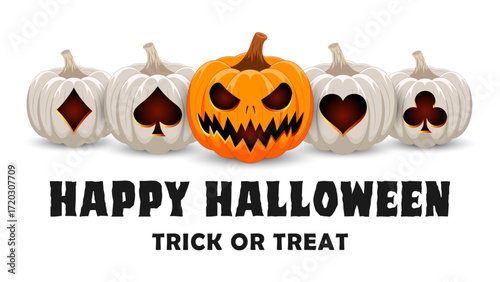 Gambling pumpkins for Halloween. Halloween casino and poker banner. Pumpkin with playing card suits: Spades, Diamonds, Clubs, Hearts. Vector illustration