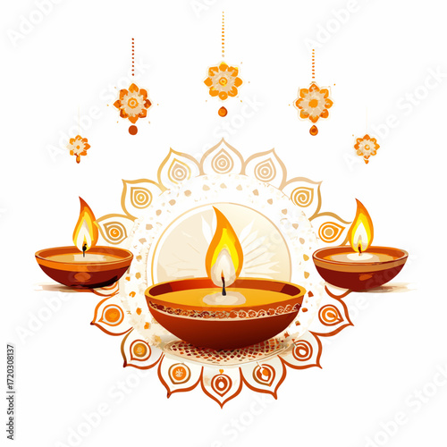 Vibrant Diwali Celebration A Mandala of Lit Diyas Illuminating a Festive Orange Backdrop	
