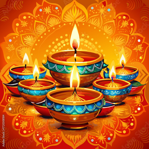 Vibrant Diwali Celebration A Mandala of Lit Diyas Illuminating a Festive Orange Backdrop	
