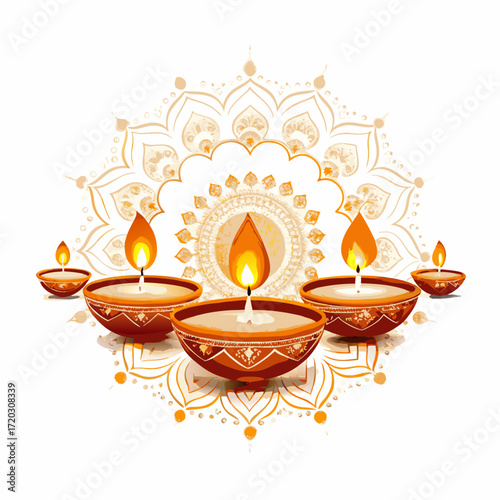 Vibrant Diwali Celebration A Mandala of Lit Diyas Illuminating a Festive Orange Backdrop	
