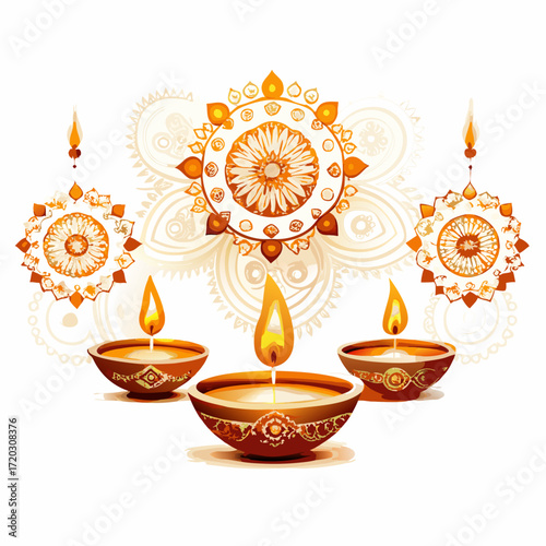 Vibrant Diwali Celebration A Mandala of Lit Diyas Illuminating a Festive Orange Backdrop	
