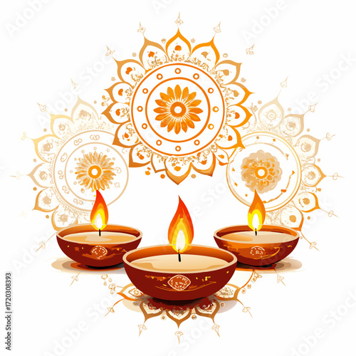 Vibrant Diwali Celebration A Mandala of Lit Diyas Illuminating a Festive Orange Backdrop	
