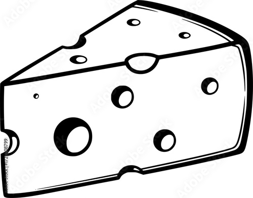 a black and white vector illustration of a wedge of Swiss cheese with holes, clean lines, minimalist design