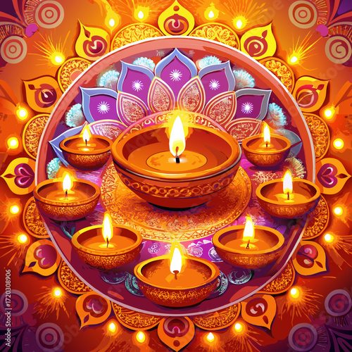Vibrant Diwali Celebration A Mandala of Lit Diyas Illuminating a Festive Orange Backdrop	
