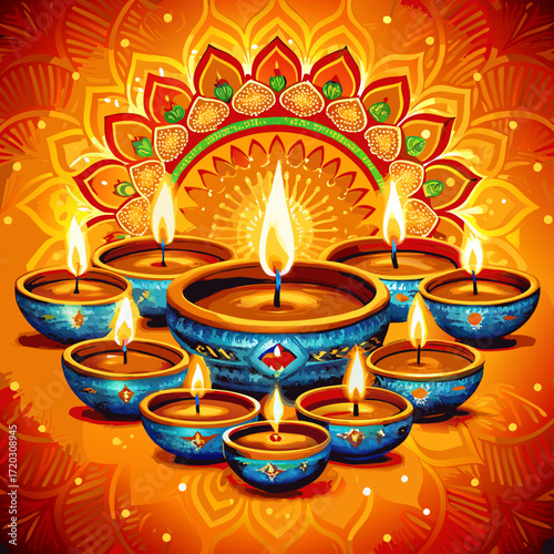 Vibrant Diwali Celebration A Mandala of Lit Diyas Illuminating a Festive Orange Backdrop	
