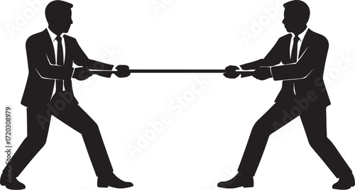 Businessmen Silhouette Illustration of Two Men in Suits Playing Tug of War Minimalist Black and White Vector Design
