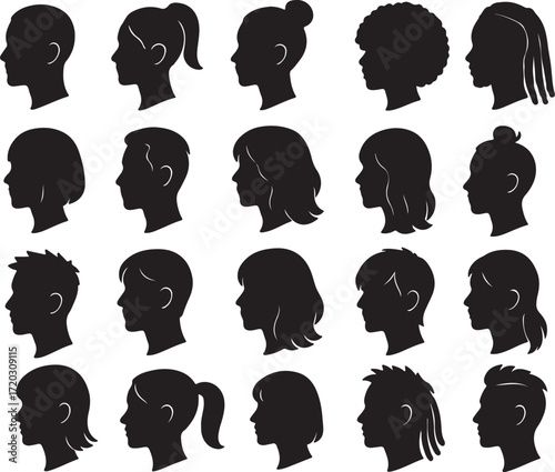 Black Silhouettes of Diverse Hairstyles and Head Profiles in a Grid Layout on White Background Vector Illustration Set
