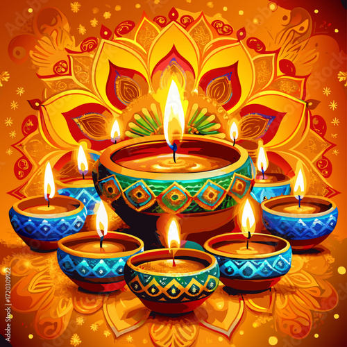 Vibrant Diwali Celebration A Mandala of Lit Diyas Illuminating a Festive Orange Backdrop	
