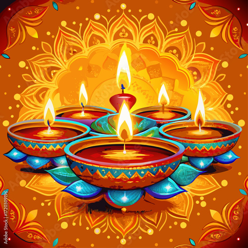 Vibrant Diwali Celebration A Mandala of Lit Diyas Illuminating a Festive Orange Backdrop	
