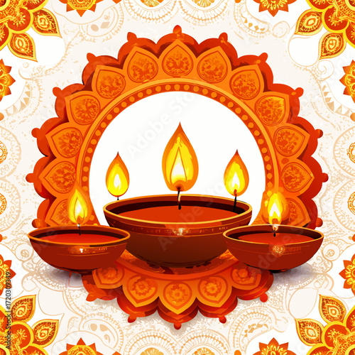 Vibrant Diwali Celebration A Mandala of Lit Diyas Illuminating a Festive Orange Backdrop	
