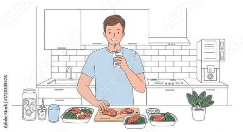 Man holding a glass of milk while preparing healthy meals in a kitchen environment