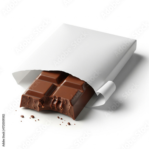 An open chocolate bar with a bite taken out of it in a plain white wrapper isolated on white