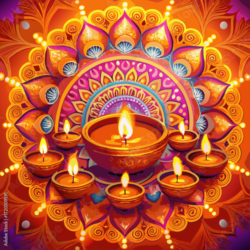 Vibrant Diwali Celebration A Mandala of Lit Diyas Illuminating a Festive Orange Backdrop	
