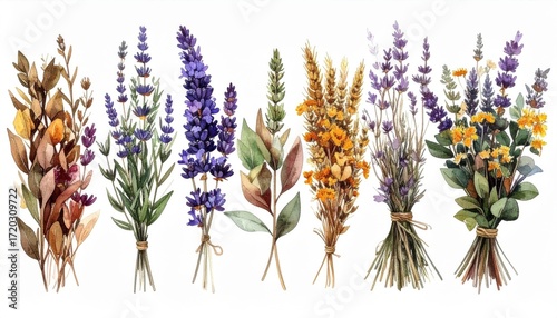 Collection of Watercolor Floral Bouquets with Lavender and Yellow Flowers on White Background