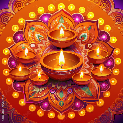 Vibrant Diwali Celebration A Mandala of Lit Diyas Illuminating a Festive Orange Backdrop	
